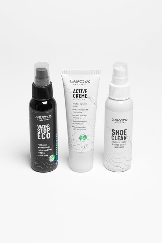 Seitenansicht Care Set Eco Farbneutral mit Water Stop Eco + Active Creme + Shoe Clean