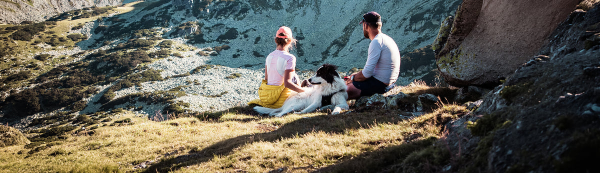 Mann und Frau sitzen mit Hund in den Bergen